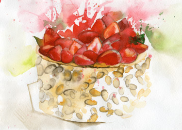 Картина под названием "Тортик с клубникой" - Etteila, Подлинное произведение искусства, Акварель