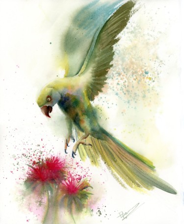 Parrots and flower Painting titled "Parrots and flower" by Paintispassion, Original Artwork, Watercolor