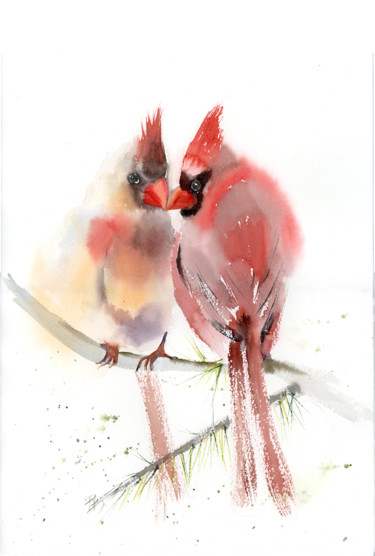 Peinture intitulée "Cardinals in love" par Paintispassion, Œuvre d'art originale, Aquarelle