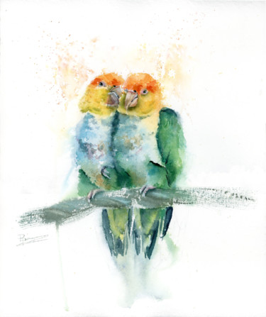 Painting titled "Tenderness (birds)" by Paintispassion, Original Artwork, Watercolor