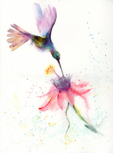 绘画 标题为“Hummingbird with fl…” 由Paintispassion, 原创艺术品, 水彩