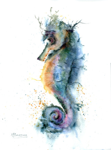 Painting titled "Amazing Seahorse" by Paintispassion, Original Artwork, Watercolor