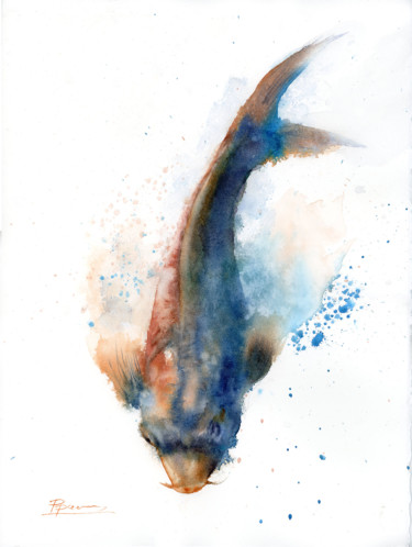 Картина под названием "KOI fish" - Paintispassion, Подлинное произведение искусства, Акварель