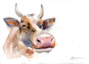 Painting titled "Cow" by Paintispassion, Original Artwork, Watercolor Mounted on Cardboard