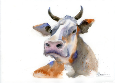 Painting titled "Cow portrait" by Paintispassion, Original Artwork, Watercolor Mounted on Cardboard