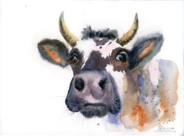 Painting titled "cute cow" by Paintispassion, Original Artwork, Watercolor Mounted on Cardboard