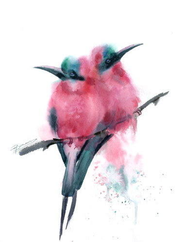 Картина под названием "BEE EATER BIRDS ON…" - Paintispassion, Подлинное произведение искусства, Акварель