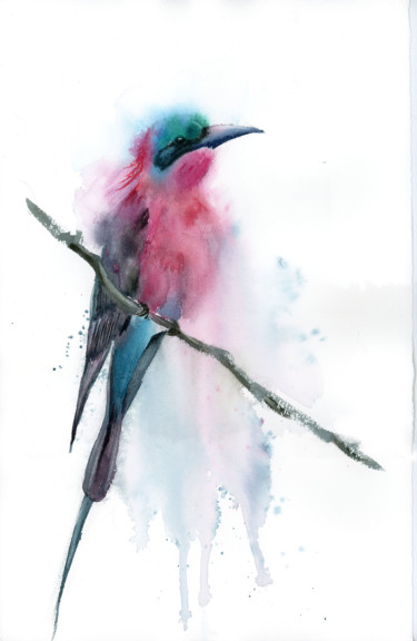 Painting titled "BEE EATER BIRD ON T…" by Paintispassion, Original Artwork, Watercolor