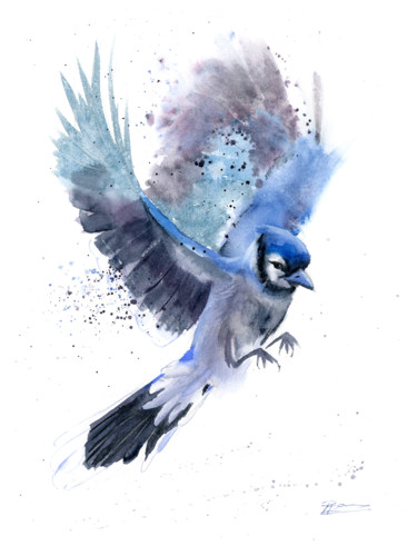 Painting titled "Flying Blue Jay" by Paintispassion, Original Artwork, Watercolor