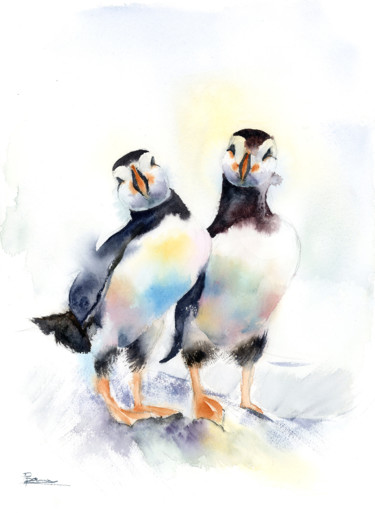 Ζωγραφική με τίτλο "Pair of puffins - O…" από Paintispassion, Αυθεντικά έργα τέχνης, Ακουαρέλα