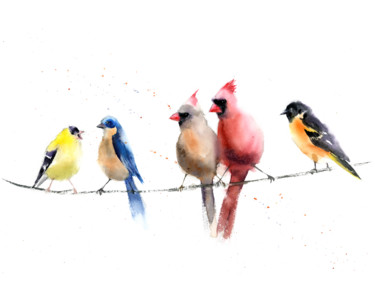 Ζωγραφική με τίτλο "Birds on wire" από Paintispassion, Αυθεντικά έργα τέχνης, Ακουαρέλα