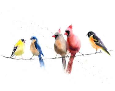 Pintura titulada "Birds on wire" por Paintispassion, Obra de arte original, Acuarela