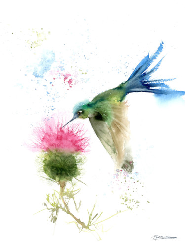 Schilderij getiteld "Hummingbird with cl…" door Paintispassion, Origineel Kunstwerk, Aquarel