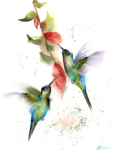Картина под названием "Two flying hummingb…" - Paintispassion, Подлинное произведение искусства, Акварель