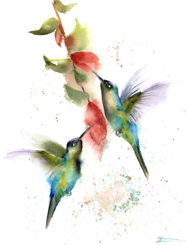 Two flying hummingbirds Pintura intitulada "Two flying hummingb…" por Paintispassion, Obras de arte originais, Aquarela