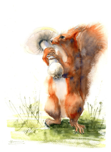 Pintura intitulada "Squirrel with Mushr…" por Paintispassion, Obras de arte originais, Aquarela