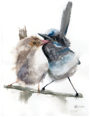 Картина под названием "Pair of wrens" - Paintispassion, Подлинное произведение искусства, Акварель