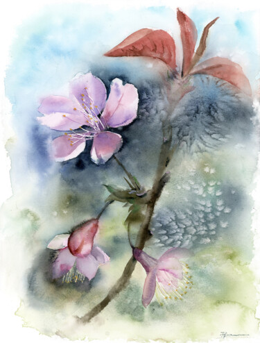 Malerei mit dem Titel "Cherry blossom bran…" von Paintispassion, Original-Kunstwerk, Aquarell