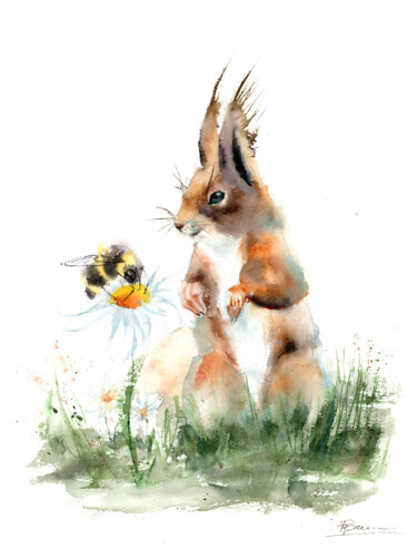 Squirrel and honey bee Peinture intitulée "Squirrel and honey…" par Paintispassion, Œuvre d'art originale, Aquarelle