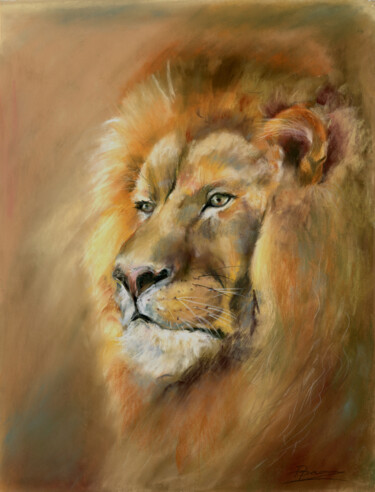 Schilderij getiteld "Lion Portrait" door Paintispassion, Origineel Kunstwerk, Pastel