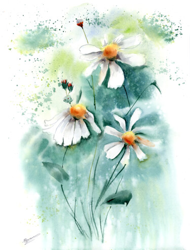 Painting titled "Daisies flowers (2…" by Paintispassion, Original Artwork, Watercolor