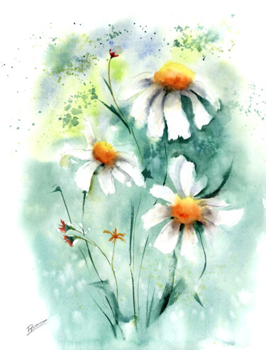 Peinture intitulée "Daisies flowers - O…" par Paintispassion, Œuvre d'art originale, Aquarelle