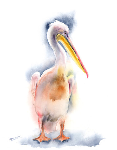 Malerei mit dem Titel "Pink Pelican ( 1 of…" von Paintispassion, Original-Kunstwerk, Aquarell