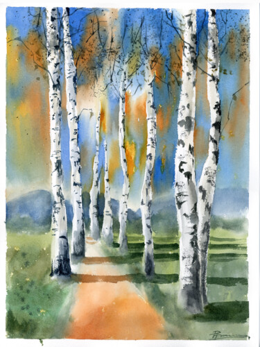 Картина под названием "Birch Trees Landsca…" - Paintispassion, Подлинное произведение искусства, Акварель