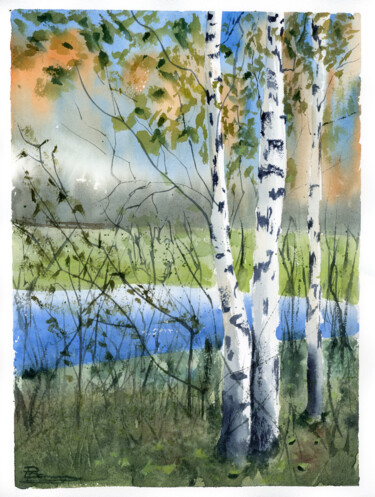 Malerei mit dem Titel "Birch Trees Landsca…" von Paintispassion, Original-Kunstwerk, Aquarell