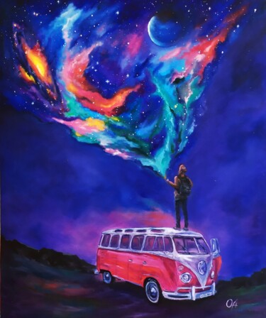 Painting titled "Star bus" by Olga Asadulaeva, Original Artwork, Oil Mounted on Wood Stretcher frame
