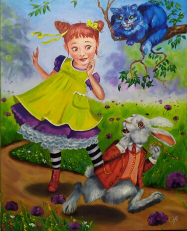 Painting titled "Alice in Wonderland" by Olga Asadulaeva, Original Artwork, Oil Mounted on Wood Stretcher frame