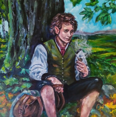 Painting titled "Young Bilbo Baggins" by Olga Asadulaeva, Original Artwork, Oil Mounted on Wood Stretcher frame