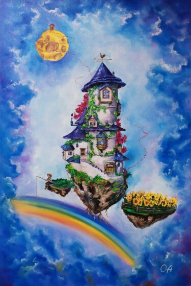 Painting titled "Sky castle" by Olga Asadulaeva, Original Artwork, Oil Mounted on Wood Stretcher frame