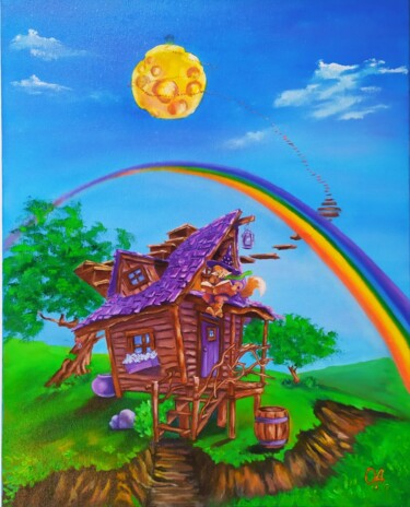 Painting titled "Fairytale house" by Olga Asadulaeva, Original Artwork, Oil Mounted on Wood Stretcher frame