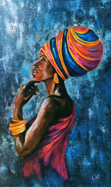 Painting titled "African queen" by Olga Asadulaeva, Original Artwork, Oil Mounted on Wood Stretcher frame