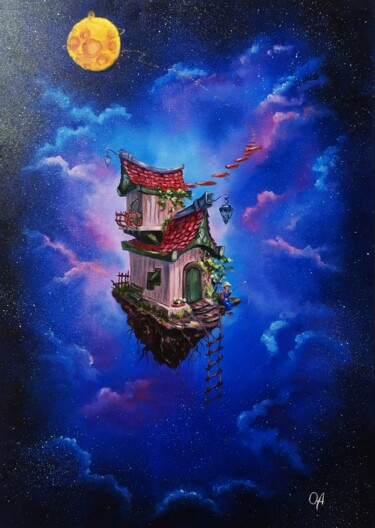 「Sky house」というタイトルの絵画 Olga Asadulaevaによって, オリジナルのアートワーク, オイル ウッドストレッチャーフレームにマウント