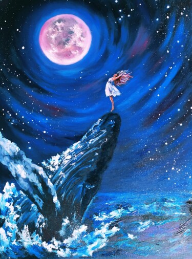 Painting titled "Moon girl" by Olga Asadulaeva, Original Artwork, Oil Mounted on Wood Panel