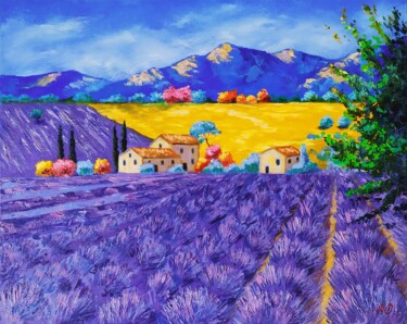 Painting titled "Lavender field" by Olga Asadulaeva, Original Artwork, Oil Mounted on Wood Stretcher frame