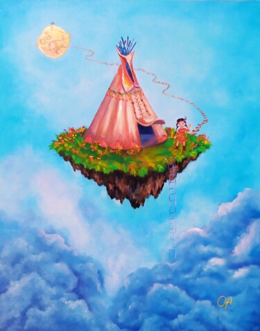 Little Wigwam in the Clouds Painting titled "Little Wigwam in th…" by Olga Asadulaeva, Original Art, Oil Mounted on Stretcher frame