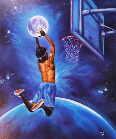 Painting titled "Moon basketball" by Olga Asadulaeva, Original Artwork, Oil Mounted on Wood Stretcher frame