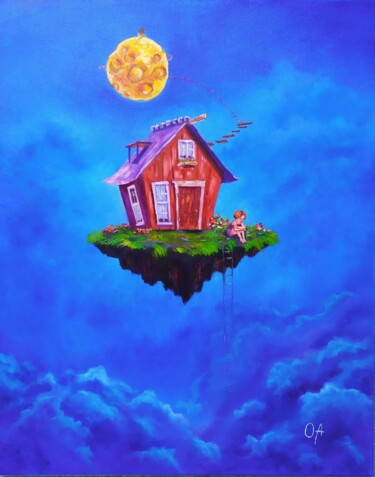 Painting titled "Little House in the…" by Olga Asadulaeva, Original Artwork, Oil Mounted on Wood Stretcher frame