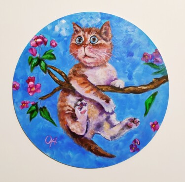 Painting titled "Funny fat cat" by Olga Asadulaeva, Original Artwork, Oil Mounted on Wood Panel