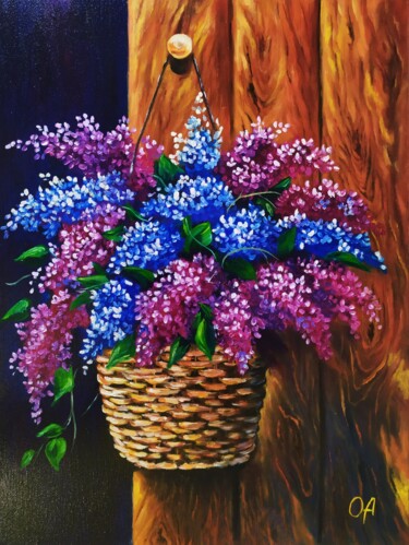 Painting titled "Flower basket" by Olga Asadulaeva, Original Artwork, Oil Mounted on Wood Stretcher frame