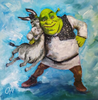 Ζωγραφική με τίτλο "Shrek with his frie…" από Olga Asadulaeva, Αυθεντικά έργα τέχνης, Λάδι