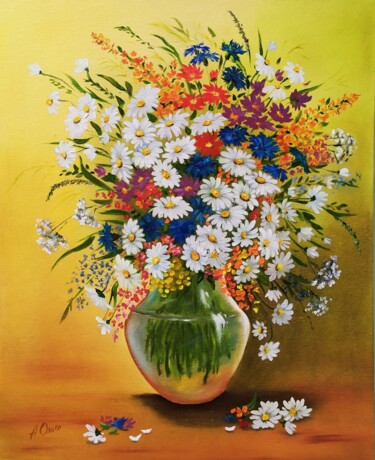 Картина под названием "Bouquet of wild flo…" - Olga Asadulaeva, Подлинное произведение искусства, Масло Установлен на картон