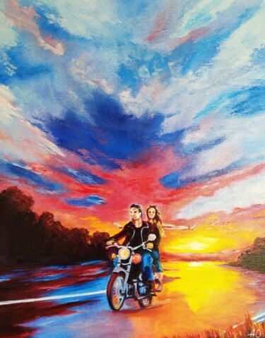 Painting titled "Romantic trip" by Olga Asadulaeva, Original Artwork, Oil Mounted on Wood Stretcher frame