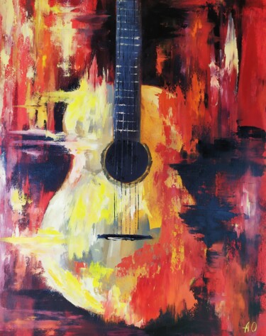 Painting titled "guitare peinture à…" by Olga Asadulaeva, Original Artwork, Oil Mounted on Wood Stretcher frame