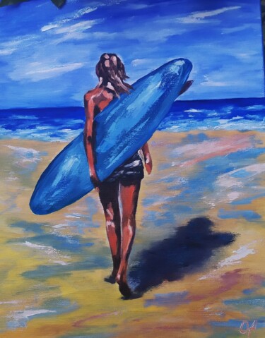 Painting titled "Surfeuse" by Olga Asadulaeva, Original Artwork, Acrylic Mounted on Wood Stretcher frame