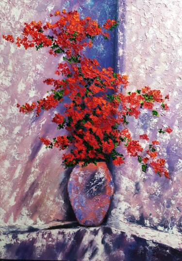 Painting titled "Fleurs dans un vase" by Olga Asadulaeva, Original Artwork, Oil Mounted on Wood Stretcher frame
