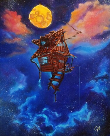 Peinture intitulée "Maison dans l'espace" par Olga Asadulaeva, Œuvre d'art originale, Huile Monté sur Châssis en bois